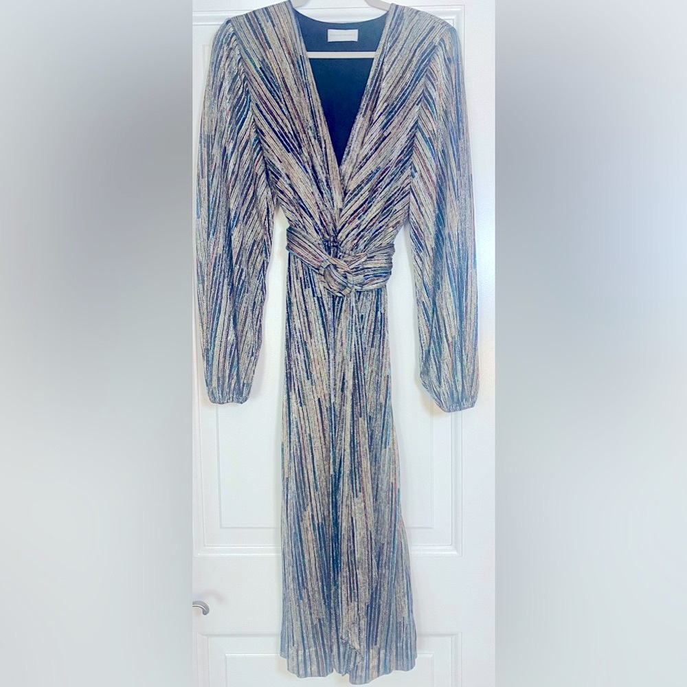 REBECCA VALLACE BELLAGIO METALLIC MIDI DRESS WITH TONAL, REMOVEABLE BELT - Picture 3 of 6
